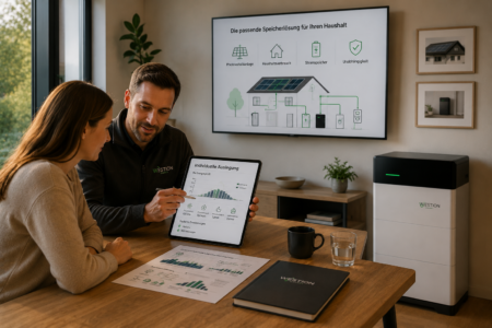 Energieberater erklärt die individuelle Auslegung eines Stromspeichers passend zur Photovoltaikanlage und zum Verbrauchsprofil des Haushalts.