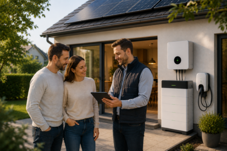 Beratungsgespräch vor einem modernen Einfamilienhaus mit Photovoltaikanlage, Stromspeicher und Wallbox zur Planung einer individuellen Speicherlösung.