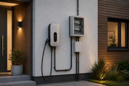 Moderne Hausfassade mit Wallbox, Stromverteiler und sichtiger Elektroinstallation zur Vorbereitung einer privaten Ladeinfrastruktur.