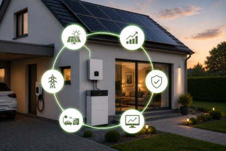 Einfamilienhaus mit Photovoltaikanlage, Stromspeicher, Wallbox und Symbolen für Eigenverbrauch, Netzbezug und Energieübersicht.