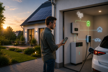 Elektroauto lädt an einer Wallbox neben einem Einfamilienhaus mit Photovoltaikanlage und Stromspeicher, während der Solarstrom per Smartphone überwacht wird.