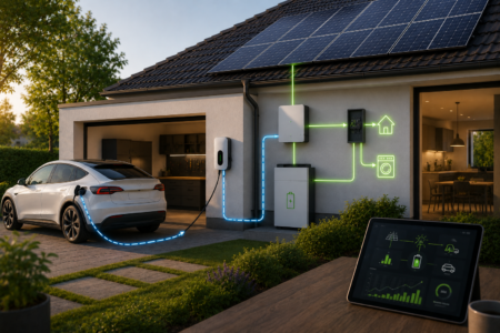 Modernes Einfamilienhaus mit Photovoltaikanlage, Stromspeicher, Wallbox und digitalem Energiemanagement zur intelligenten Steuerung des Solarstroms.