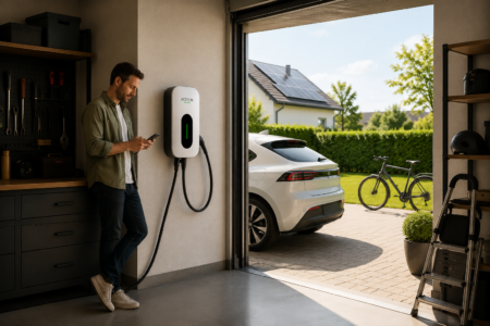 Moderne Wallbox in einer Garage mit Elektroauto in der Einfahrt und Photovoltaikanlage auf dem Hausdach.