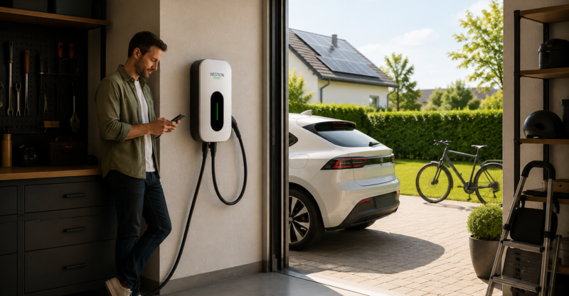 Moderne Wallbox in einer Garage mit Elektroauto in der Einfahrt und Photovoltaikanlage auf dem Hausdach.