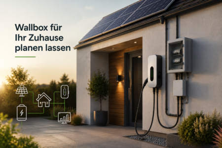 Moderne Hausfassade mit Wallbox, Stromverteilung und Photovoltaikanlage als Teil eines intelligenten Energiesystems für Zuhause.