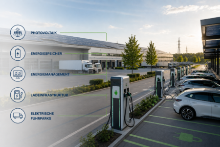 Industriepark mit Photovoltaikanlage, E-Ladestationen für Firmenfahrzeuge und moderner Ladeinfrastruktur