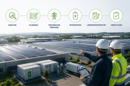 Fachkräfte planen industrielle Photovoltaikanlage mit Großspeicher und Ladeinfrastruktur