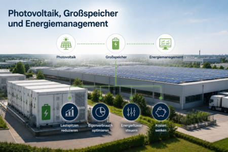 Industriehalle mit Photovoltaikanlage, Großspeicher und Energiemanagement-Symbolen
