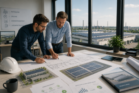 Ingenieure planen eine industrielle Photovoltaikanlage anhand von Bauplänen und Energiekonzepten im Büro