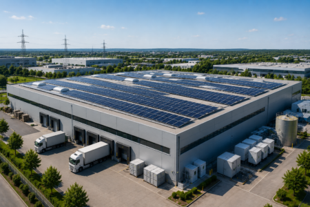 Große Gewerbehalle mit Photovoltaikanlage auf dem Flachdach und Lkw an den Laderampen