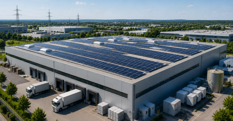 Große Gewerbehalle mit Photovoltaikanlage auf dem Flachdach und Lkw an den Laderampen