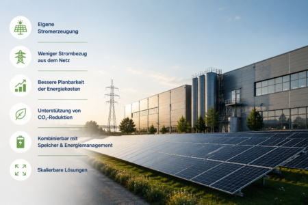 Industriegebäude mit Freiflächen-Photovoltaikanlage, Stromspeicher und Symbolen für Energieeffizienz