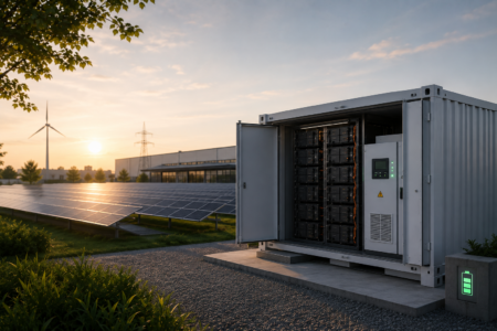 Geöffneter Batteriecontainer neben Freiflächen-Photovoltaikanlage und Industriegebäude bei Sonnenuntergang