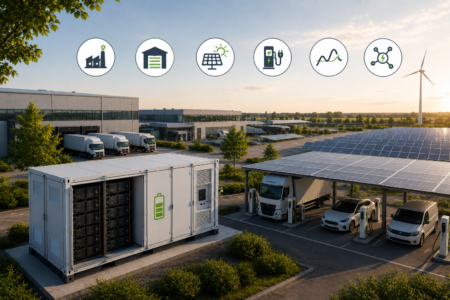 Großspeicher an einem Industrie- und Logistikstandort mit Photovoltaikanlage und Ladeinfrastruktur