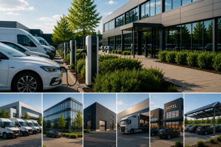 Moderne Ladeinfrastruktur für Firmenflotten, Bürogebäude, Industrie, Logistik, Hotels und Mitarbeiterparkplätze
