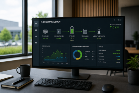Monitor mit Energiemanagement-Dashboard zur Steuerung von Photovoltaik, Speicher, Verbrauch und Ladeinfrastruktur