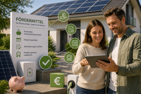 Paar informiert sich vor einem Haus mit Photovoltaikanlage über Fördermittel für Speicher und Wallbox