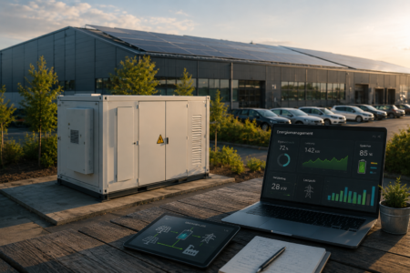 Monitor mit Energiemanagement-Dashboard vor Gewerbespeicher und Industriegebäude mit Photovoltaikanlage