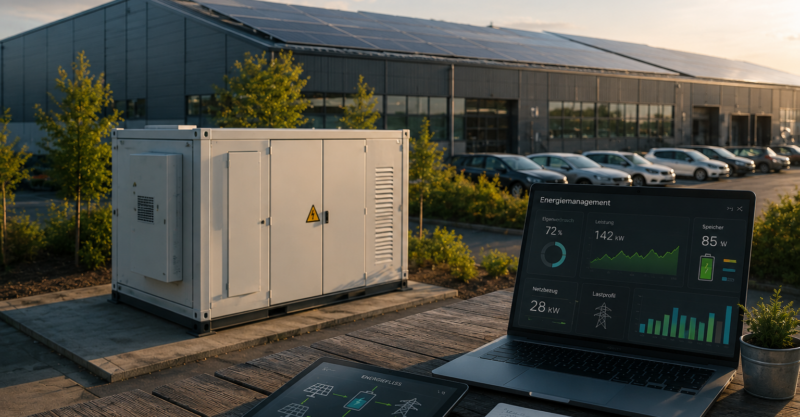 Monitor mit Energiemanagement-Dashboard vor Gewerbespeicher und Industriegebäude mit Photovoltaikanlage