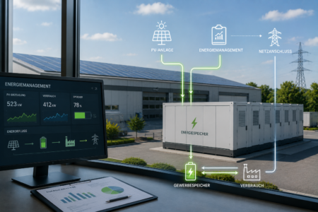 Gewerbespeicher mit Energiemanagement für Unternehmen neben Industriehalle mit Photovoltaikanlage
