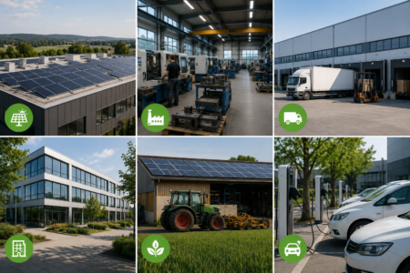 Collage verschiedener Unternehmenstypen mit Photovoltaik, Gewerbespeicher und Ladeinfrastruktur