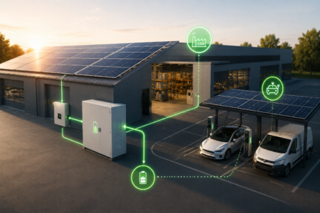 Gewerbehalle mit Photovoltaikanlage, Gewerbespeicher und Ladepunkten für Elektrofahrzeuge