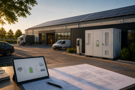 Planungsunterlagen für Gewerbespeicher vor einer Gewerbehalle mit Photovoltaikanlage und Ladeinfrastruktur