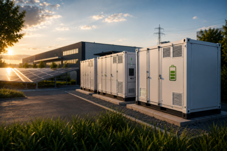Großspeicher und Batteriecontainer neben einer Industriehalle mit Photovoltaikanlage zur Speicherung von Solarstrom