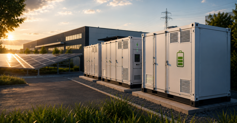 Großspeicher und Batteriecontainer neben einer Industriehalle mit Photovoltaikanlage zur Speicherung von Solarstrom