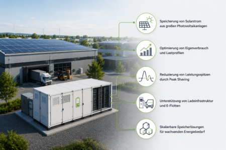 Batteriecontainer vor Industriegebäude mit Photovoltaikanlage und Symbolen für Speicher, Lastspitzen und Ladeinfrastruktur