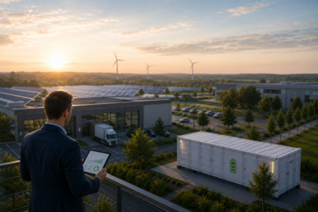 Unternehmer betrachtet Energieprojekt mit Batteriecontainer, Photovoltaikanlagen und Windrädern