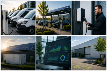 Collage mit Firmenflotte, Ladestationen, Photovoltaik, Batteriespeicher und Energiemanagement
