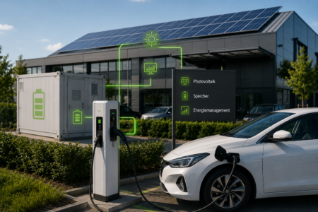 Elektroauto lädt an Ladestation vor Gewerbegebäude mit Photovoltaik, Speicher und Energiemanagement