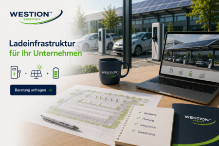 Planung einer Ladeinfrastruktur für Unternehmen mit Standortplan, Photovoltaik und Ladestationen im Hintergrund