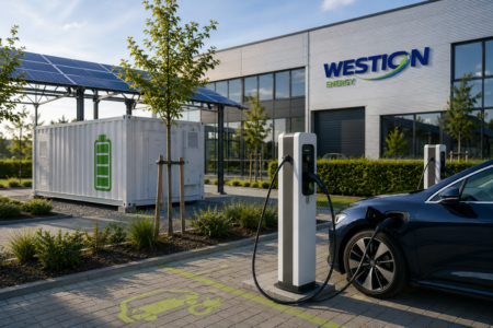 Moderne Ladeinfrastruktur für Unternehmen mit Elektrofahrzeugen, Photovoltaik und Batteriespeicher auf einem Gewerbestandort