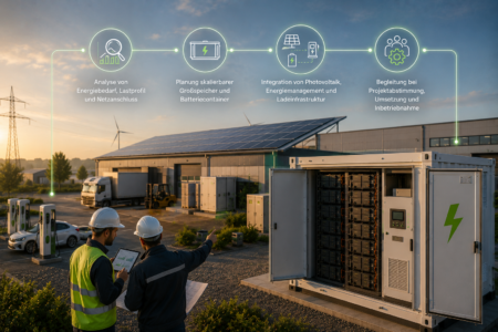 Fachkräfte planen Großspeicher und Batteriecontainer an einem Industriestandort mit Photovoltaik und Ladeinfrastruktur