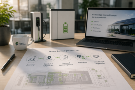 Planungsunterlagen für Ladeinfrastruktur mit Wallbox-Modell, Speicher und Standortskizze auf einem Schreibtisch