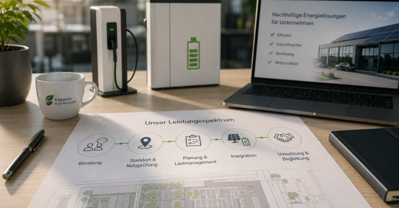 Planungsunterlagen für Ladeinfrastruktur mit Wallbox-Modell, Speicher und Standortskizze auf einem Schreibtisch