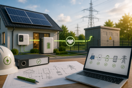 Photovoltaikanlage mit Speicher, Netzanschluss und schematischer Registrierung am Laptop