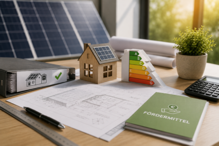 Planungsunterlagen, Fördermittelmappe und Hausmodell mit Photovoltaikanlage auf einem Schreibtisch