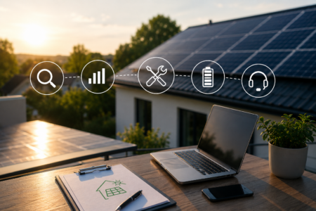 Schreibtisch mit Laptop und Service-Symbolen vor Wohnhaus mit Photovoltaikanlage
