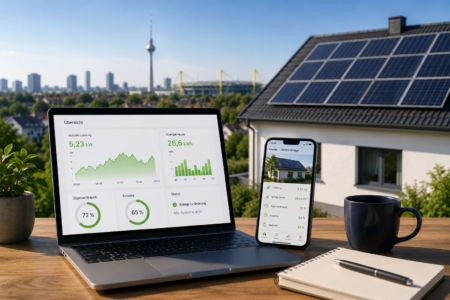 Laptop und Smartphone mit Monitoring-Dashboard vor Wohnhaus mit Photovoltaikanlage in Dortmund