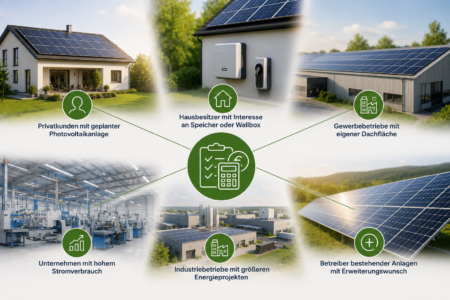 Übersicht verschiedener Zielgruppen für Photovoltaik-Projektplanung und Fördermittelservice