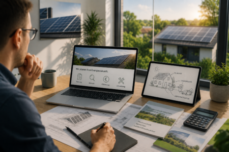 Planung einer Photovoltaikanlage mit Gebäudemodell, Bauplänen und digitaler Projektanalyse
