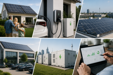 Collage mit privaten und gewerblichen Photovoltaikanlagen, Speicher, Wallbox und Monitoring