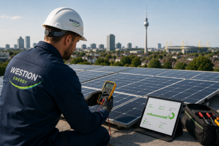 Techniker prüft Photovoltaikanlage in Dortmund mit Messgerät und Monitoring-Tablet