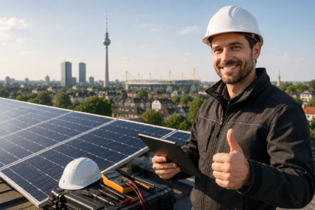 Techniker mit Tablet bei der PV Wartung einer Photovoltaikanlage in Dortmund