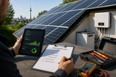 Wartungscheck einer Photovoltaikanlage mit Monitoring-Tablet, Werkzeug und Messgerät
