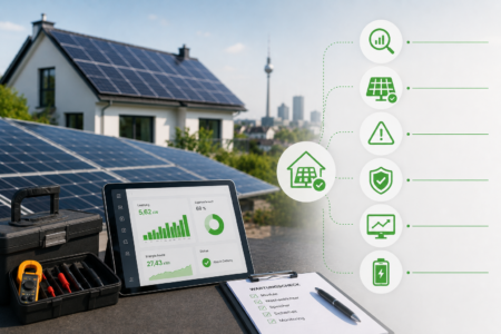 Monitoring-Tablet, Werkzeugkoffer und Wartungscheck vor Photovoltaikanlage auf einem Dach