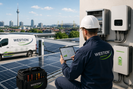 Techniker prüft Photovoltaikanlage auf einem Dach in Dortmund per Monitoring-Tablet